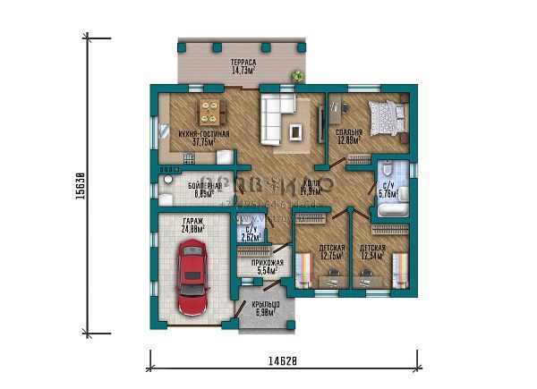 Проект одноэтажного дома с гаражом для одного автомобиля S2-165 (357-165-1Г)