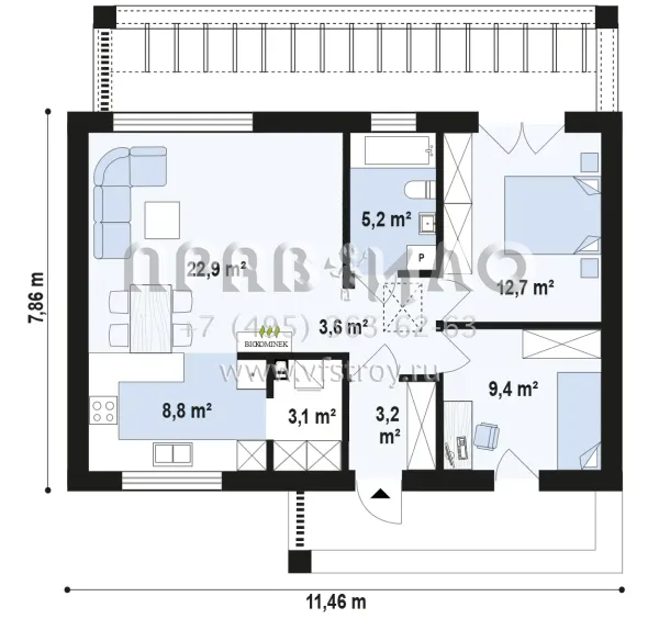 Проект современного одноэтажного дома без свесов кровли и с уютной террасой S3-69 (Z507)