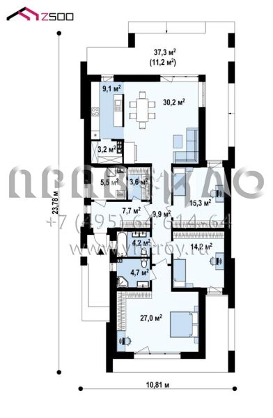 Проект одноэтажного дома в хай-тек стиле с тремя спальнями и оригинальной террасой S3-134-9 (Zx69 v1)
