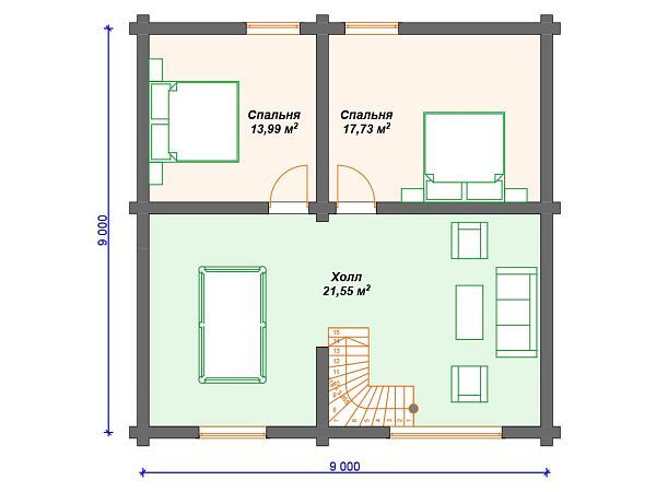 Проект деревянного дома из бревна 9 на 9 м с 3 спальнями S4-125 (ДО-065)