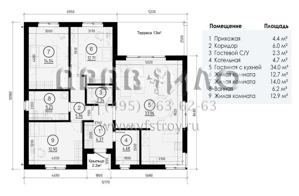 Проект одноэтажного дома из ж/б панелей со скатной кровлей SP-97-2