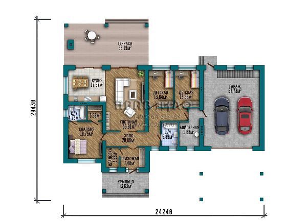 Проект большого одноэтажного дома с подвалом, террасой на заднем дворе и гаражом на 2 автомобиля S2-298 (307-298-1ПГ)