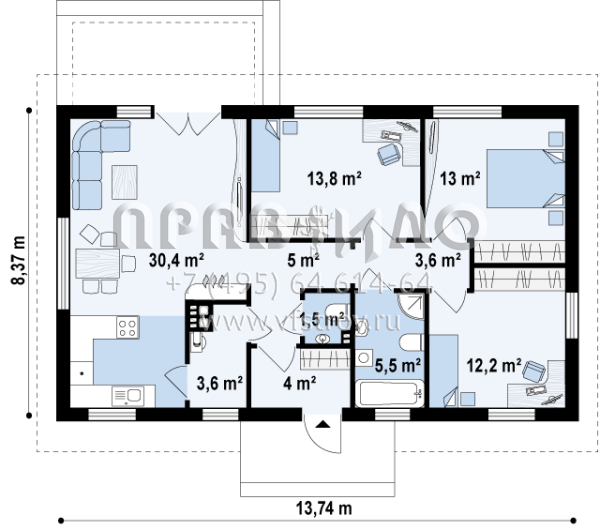 Проект одноэтажного частного дома для маленькой семьи S3-93 (Z241)