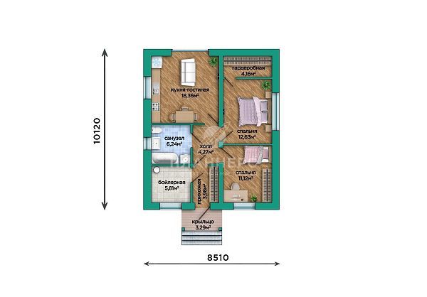 Проект из газобетона с кирпичной облицовкой и металлочерепицей S2-65 (518-65-1)