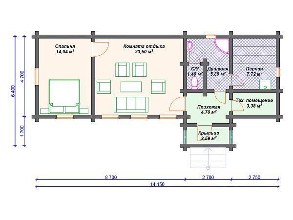 Проект деревянной бани для узкого участка SB4-63 (Б-040)