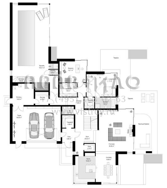 Проект комфортабельного особняка с бассейном, сауной и гаражом на два автомобиля S8-703 (Резиденция с Видом)