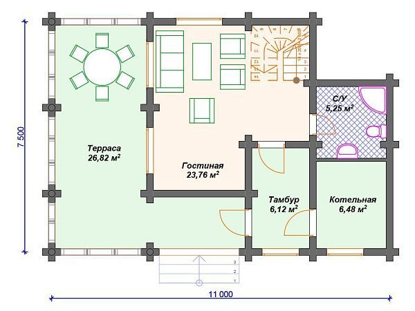 Проект деревянного дома из бревна 7 на 11 м с 3 спальнями S4-112 (ДО-055)