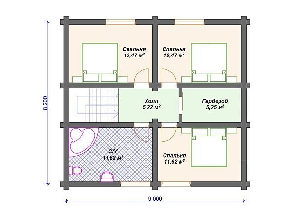 Проект деревянного дома из бревна 9 на 9 м с 3 спальнями S4-127 (ДО-143)