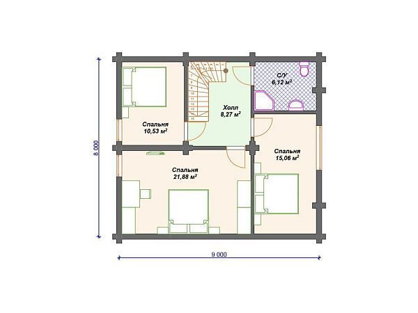 Проект деревянного дома из бревна 9 на 11 м с 3 спальнями S4-143 (ДО-128)