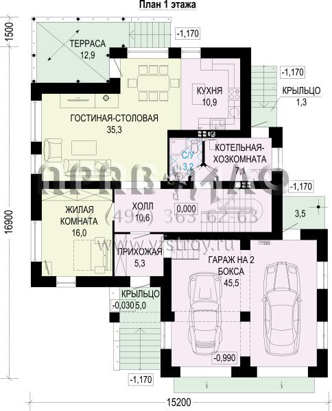Проект двухэтажного газобетонного дома с подвалом S7-388 (3-45b.1P)