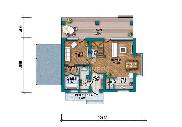 Проект в стиле хай-тек с мансардой, террасой и навесом для автомобиля S2-152 (478-152-1МГ)