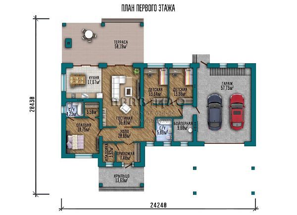 Проект большого одноэтажного дома с большим гаражом, подвалом и крытой террасой S2-298 (284-298-1ПГ)