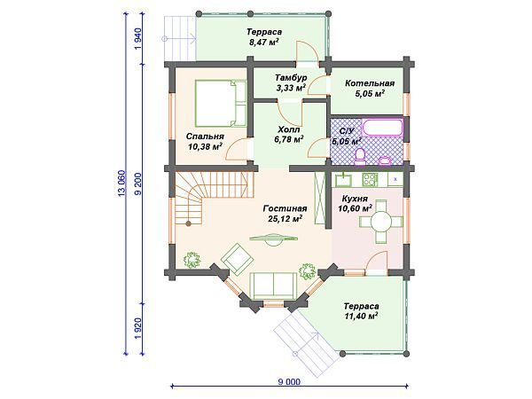 Проект деревянного дома из бревна 9 на 9 с эркером S4-132 (ДО-022)