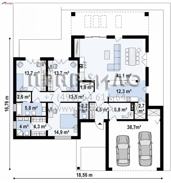 Проект комфортабельного одноэтажного дома с террасой и двухместным гаражом S3-179-5 (Z282)