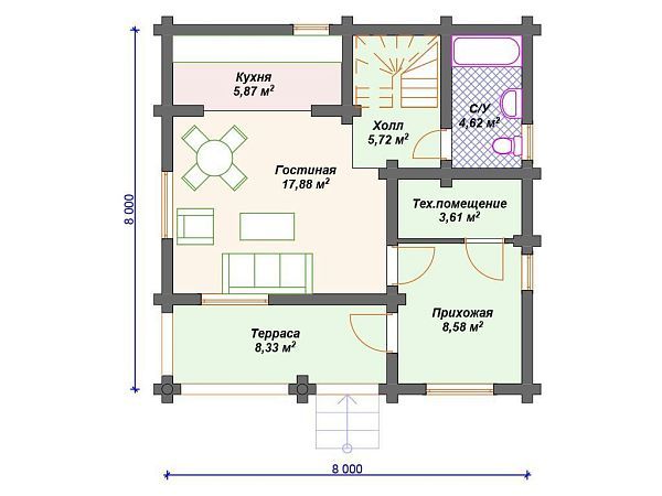 Проект деревянного дома 8 на 8 м с мансардой S4-107 (ДО-063)
