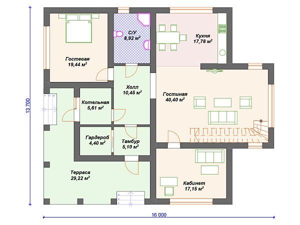 Проект каменного дома с 3 спальнями S4-261 (К-219)