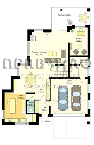 Проект современной двухэтажной виллы с двумя каминами, балконом и гаражом на два автомобиля S8-441-1 (Лесная Резиденция)