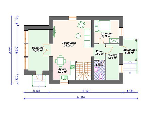 Проект дома с мансардой, 4 спальнями и верандой S4-132 (К-374)