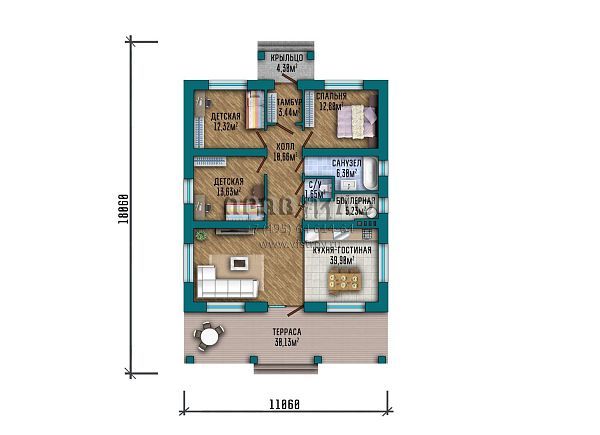 Проект компактного одноэтажного дома с большой открытой зоной кухни-гостиной с выходом на крытую террасу S2-140 (369-140-1)