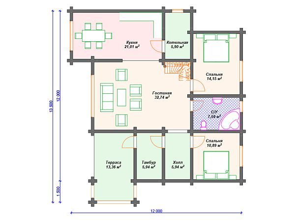 Проект деревянного дома с 3 спальнями и террасой S4-118 (ДС-091)