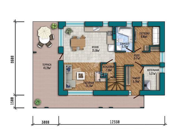 Проект двухэтажного дома в стиле хай-тек с большой угловой террасой S2-163 (409-163-2)