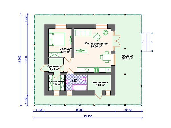 Проект одноэтажного дома с 1 спальней и террасой S4-124 (К-037)