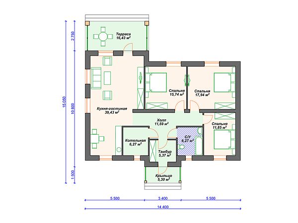 Проект одноэтажного дома с 3 спальнями S4-136 (К-313)