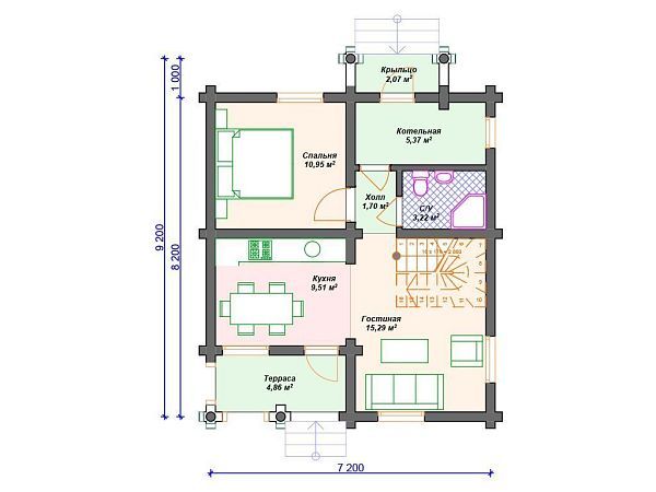 Проект деревянного дома из бревна 7 на 8 м с террасой S4-99 (ДО-120)