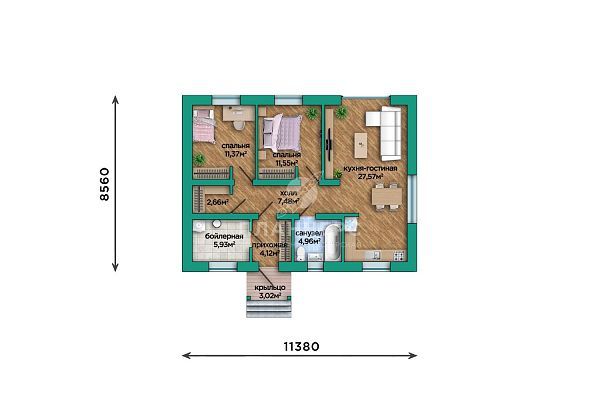 Проект из газобетона с оштукатуренным фасадом и фальцевой кровлей S2-75 (557-75-1)