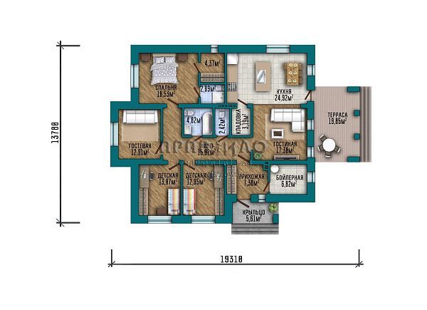 Проект одноэтажного дома с эркером и большой крытой террасой S2-173 (316-173-1)