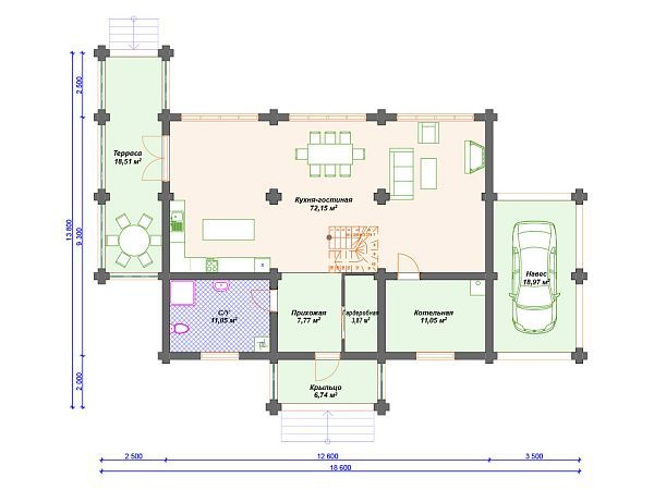 Проект деревянного дома из бревна 9 на 12 м с навесом для авто S4-221 (ДО-010)