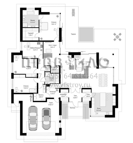 Проект современного одноэтажного дома с большой гостиной и гаражом на два автомобиля S8-314-1 (Особенный)