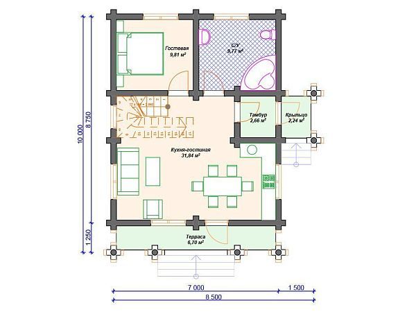 Проект деревянного дома из бревна 7 на 9 м с 3 спальнями S4-117 (ДО-119)