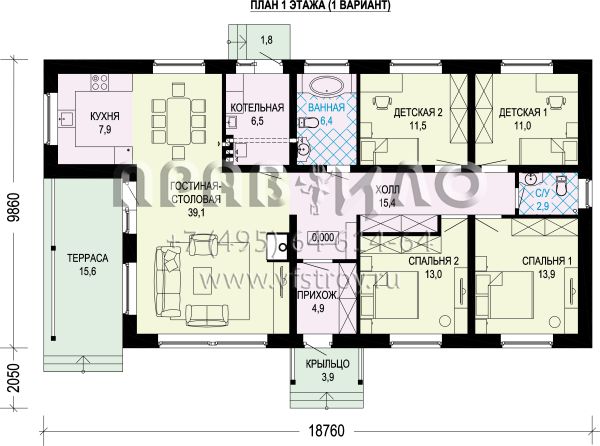 Проект одноэтажного дома с четырьмя спальнями S7-138(5-47)