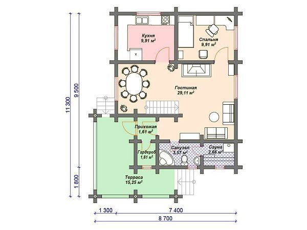 Проект деревянного дома с сауной и террасой S4-115 (ДО-092)