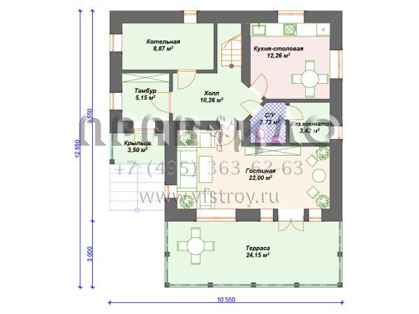 Проект каменного дома с мансардой и террасой S4-152 (К-018)