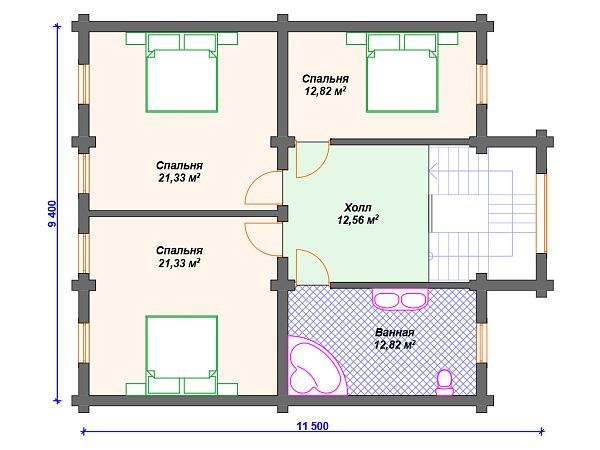 Проект деревянного дома из бревна 9 на 11 м с террасой и мансардой S4-171 (ДО-029)
