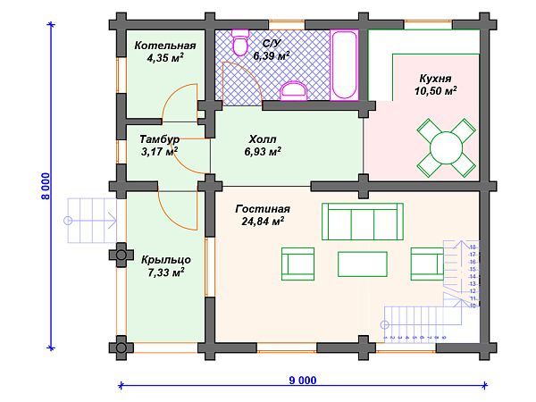 Проект деревянного дома из бревна 8 на 9 м с 3 спальнями S4-117 (ДО-039)