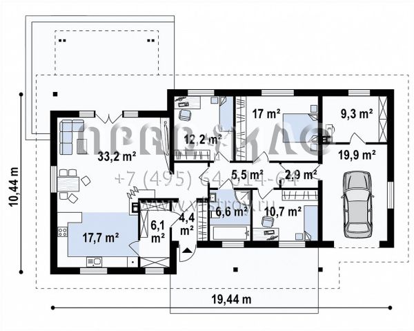 Проект одноэтажного четырехкомнатного дома с гаражом S3-145-2 (Z176 GP)