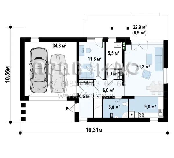 Проект строительства квадратного частного дома с гаражом на два автомобиля  S3-223(Z238)