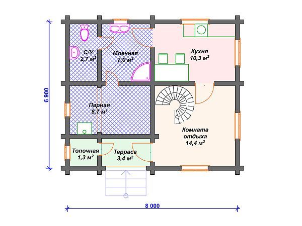 Проект деревянного дома с сауной и террасой S4-95 (ДС-026)