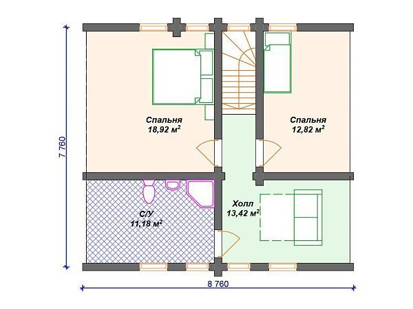 Проект деревянного дома из бревна 8 на 9 м с 3 спальнями S4-115 (ДО-118)