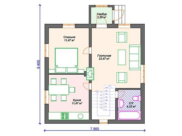 Проект каркасного дома с мансардой и 3 спальнями S4-99 (И-055)