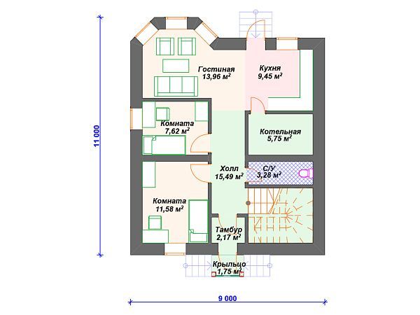 Проект каменного дома с 3 спальнями и эркером S4-134 (К-118)