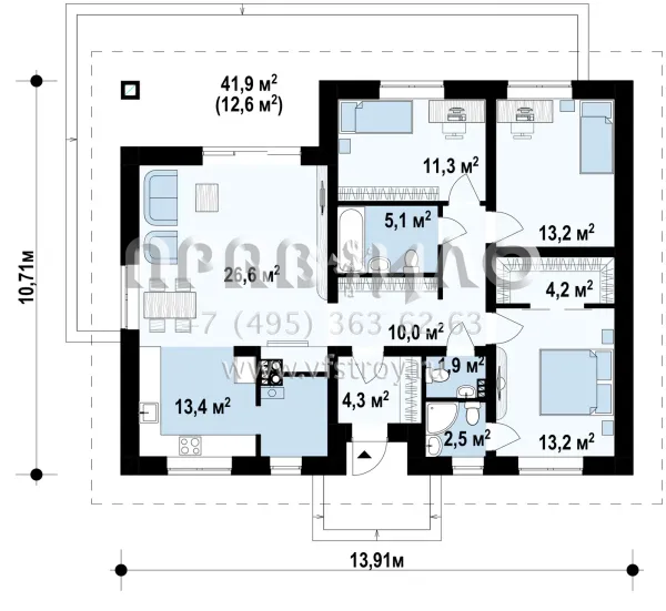 Проект комфортабельного одноэтажного дома с тремя спальнями  S3-118-2 (Z368 D)
