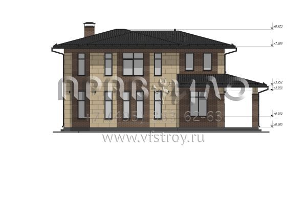 Проект двухэтажного дома с облицовкой камнем в стиле Райт S-221
