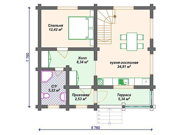 Проект деревянного дома из бревна 8 на 9 м с 3 спальнями S4-115 (ДО-118)