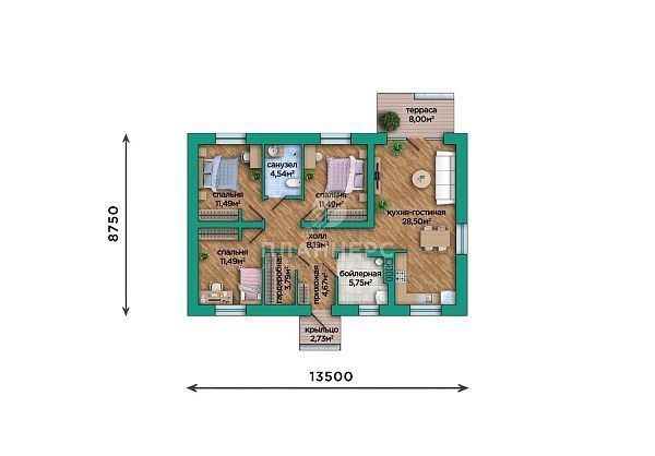Проект из газобетона с кирпичным фасадом и фальцевой кровлей S2-90 (388-90-1)