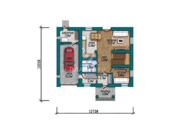Проект двухэтажного дома с пристроенным гаражом для авто, большой гостиной и тремя спальнями S2-182 (442-182-2Г)