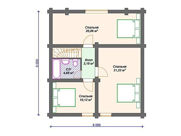 Проект деревянного дома из бревна 9 на 11 м с эркером и террасой S4-140 (ДО-115)
